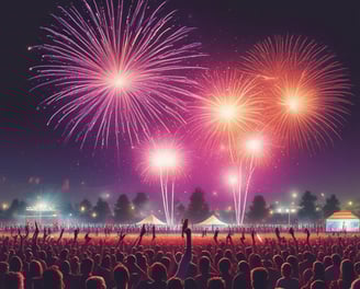 An energetic outdoor festival at night with a large crowd gathered in front of an elaborate stage adorned with vibrant red and orange lights. Fireworks explode in the night sky, adding to the lively atmosphere.