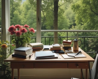 desk with books and flowers looking out into a garden