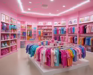 A brightly colored storefront for a kids and baby clothing shop with a sign reading 'bondberro.' The window displays various children's clothing items, and a person in dark clothing is entering the shop. In the foreground, a person on a scooter is passing by.