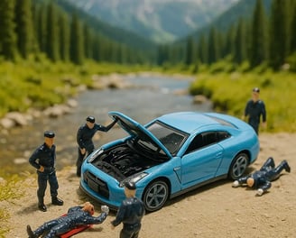 mecánicos en miniatura viendo un carro de juguete
