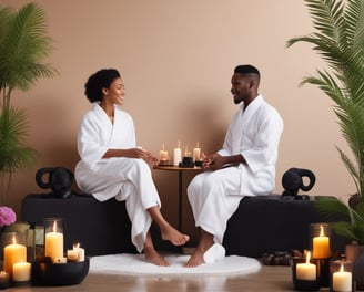 A warmly lit reception area with a modern, minimalist design. An illuminated circular chandelier hangs above a front desk with a decorative lattice pattern. A plant in the corner adds a touch of greenery beside brick-style wall accents. The words 'Maati by sundays the spa' are displayed on the wall.