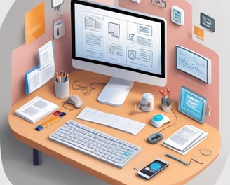 A modern workspace features a large curved monitor displaying a web agency page, surrounded by various items including a laptop, a smartphone, a wireless keyboard, headphones, and a stylus pad. The setup is neatly arranged on a wooden desk against a dark wall, creating a sleek and professional look.