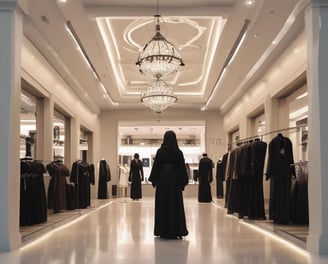 A fashion retail store display with large glass windows showcasing elegant mannequins dressed in upscale clothing. The store interior is brightly lit with a modern, luxurious ambiance. Two people walk past the store, one wearing a long dress and the other a headscarf.