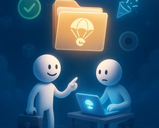 A digital illustration of two humanoid figures in a futuristic setting. One stands pointing toward a