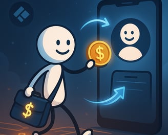 A modern digital illustration of a smiling stick-figure character handing a glowing dollar coin to a