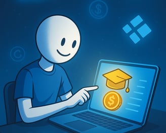 A cheerful stick-figure character sits at a desk, interacting with a glowing laptop that displays a 