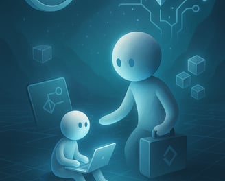 A futuristic digital illustration of two humanoid figures interacting with a glowing laptop on a blu