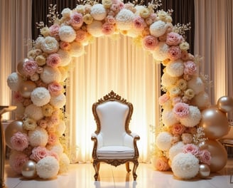 Elegant indoor Quinceañera welcome setup featuring a floral arch, luxury throne chair, metallic balloon garlands, and upscale