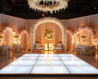 Luxury Quinceañera event setup in Miami showcasing full-service planning with floral arches, gold '15' centerpiece, luxury da