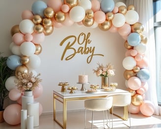 Elegant baby shower setup featuring 'Oh Baby' backdrop, pastel and metallic balloons, candy tables, and luxury furniture by L