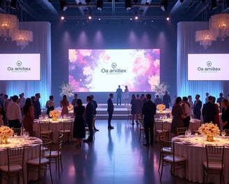 Luxury corporate event setup in Miami featuring branded LED stage, elegant tables with gold Chiavari chairs, minimalist flora