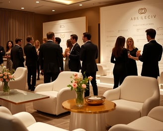 Luxury corporate networking event in Miami featuring elegant lounge seating, floral centerpieces, branded backdrop, and forma
