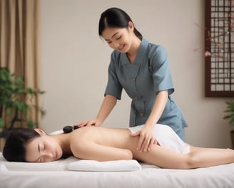 A person lies face down on a massage table while another person applies pressure on their back with both hands. The setting appears calm and the clothes suggest a casual, relaxed environment, possibly in a spa or therapy center.