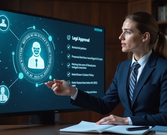 a woman in a suit and tie is pointing at a screen with a virtual interface
