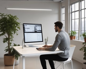 Two people are interacting with a laptop on a white standing desk. The laptop screen displays a webpage related to social wall solutions for hashtag campaigns. The setting appears to be a modern office with several chairs, tables, and a large plant in the background. One person is wearing a colorful floral top and the other is in a dark t-shirt.