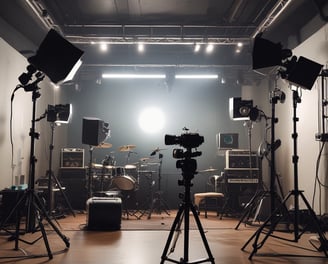 A modern music studio with vibrant red and blue lighting, featuring a large mixing console with a digital display showing the logo 'MMP'. Studio monitors and electronic equipment are visible around the console.