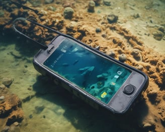 a person holding a cell phone in front of a scuba diver