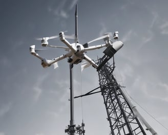 A white drone is flying in the sky, capturing a clear image of its four rotors. The background features a light blue sky with a few wispy clouds.