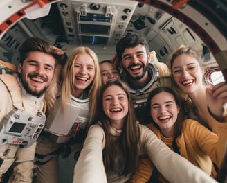 greenbox image of a group of people standing in a spaceship