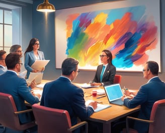 a group of people sitting around a table with laptops