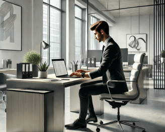 Man sat a desk in a modern office using AI automation to generate feedback from customers