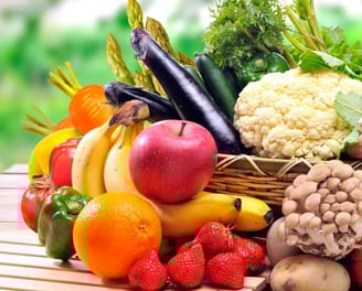 a basket of fruits and vegetables on a table