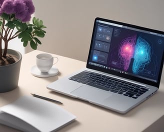 A laptop displaying a webpage about optimizing language models rests on a wooden table. To the left of the laptop is a white cup containing coffee, with remnants of foam around the edges. A colorful laminated menu stand with a sandwich picture is positioned behind the cup.