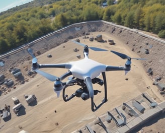 A white drone with four propellers is captured mid-flight against a blurred, dark green background. The drone is centrally composed, with its camera and sensors clearly visible, giving an impression of precision and advanced technology.