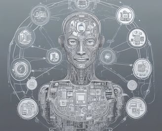 A small, white humanoid robot with blue accents, including eyes, mouth, and a circular badge with the letters 'AI' on its chest, is positioned in front of a blue laptop on a metallic surface. The robot has a simple, smooth design with two cylindrical arms and a small antenna on top.