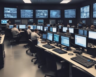 A hand holding a thermal scanner is pointed towards a rack of computer servers. The servers are illuminated with blue LED lights, giving a technological and futuristic feel.