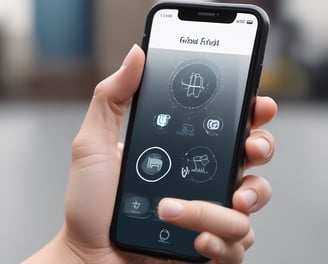 A hand holding a smartphone displaying a mobile app interface with a 'Match' notification. The screen shows profile pictures and chat options in a colorful design. The background is blurred with large text in blue and white.