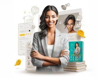 Mujer profesional con blazer gris, brazos cruzados y fondo de smartphone, pantalla y libro, ilustrando cómo fortalecer la aut