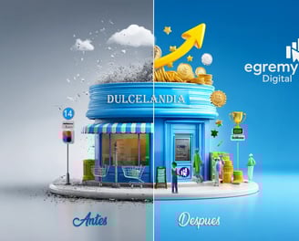 Comparativa antes/después de tienda “Dulcelandia”: lado gris en declive vs. lado azul con monedas, flecha ascendente y éxito