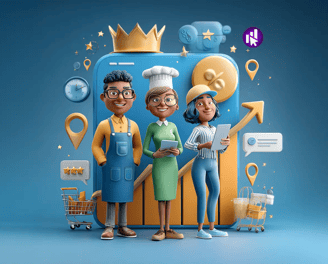 Ilustración 3D de tres comerciantes felices frente a un smartphone con corona, flecha ascendente, carritos y logo Egremy Digi