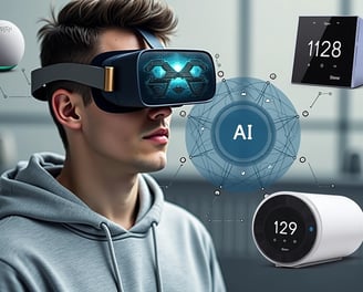 Representação de tecnologia futurista com IA, realidade mista e conexão global, hologramas e gráficos digitais flutuando