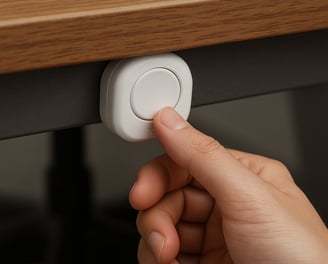 A person pressing a hidden panic button under a desk