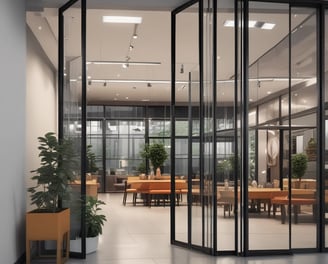 A modern architectural facade features large glass windows adorned with geometric patterns. Metal frames and beams create a grid-like structure, allowing ample light to penetrate. The design reflects urban sophistication and contemporary styling.