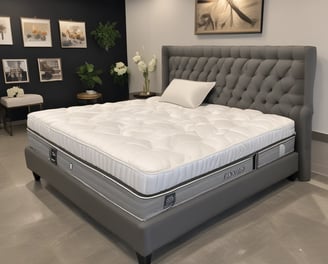 A modern bed with a sleek, minimalist design featuring a padded blue and white mattress. The textures appear soft and comfortable, suggesting luxury and relaxation.