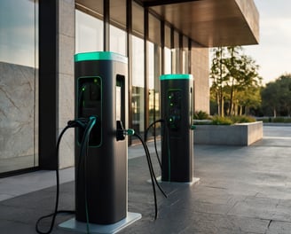two electric charging stations with green lights on them