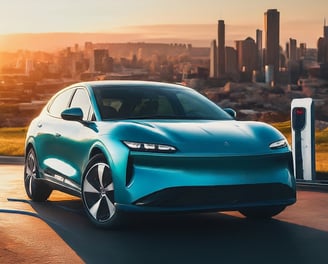 A blue electric car besides an EV charger