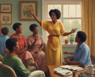 A group of young women gather around a woman who is explaining tennis techniques using a racket and ball. The setting appears educational, with the women attentively watching and listening. The clothing and hairstyles suggest a mid-20th-century style.