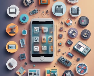 A smartphone displays a social media app with a grid of various post previews, showcasing different images and items such as shoes and accessories. The phone is placed on a clean, white surface.
