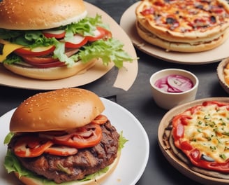 A freshly prepared burger with a glossy, golden-brown bun sits on a round, black serving plate. The burger is filled with layers of vibrant green lettuce, juicy tomato slices, crispy fried chicken, melted cheese, and bright red peppers. A generous portion of golden-brown seasoned fries is placed beside the burger, complementing the meal.