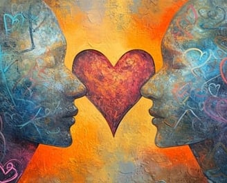 a painting of two people with hearts in the background