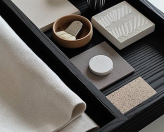 a tray with fabric, tile and textures samples