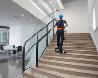 Three individuals engaged in cleaning large glass doors. One person is using a broom or mop to scrub the glass, another is spraying water, and the third person is wearing a hard hat and a safety vest. There are construction materials in the foreground.