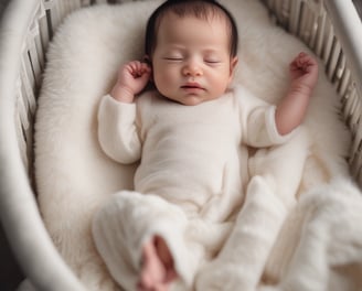 A baby wearing knitted accessories, including a hat and diaper cover, is peacefully lying on a soft, white blanket. Beside the baby is a plush, knitted carrot.
