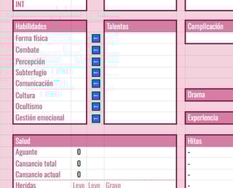 Captura de pantalla de una ficha de rol hecha en google sheets