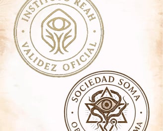 Un fondo de pergamino con dos sellos decorativos, de los institutos ficticios REAH y SOMA