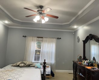 a bedroom with a ceiling fan and a ceiling fan